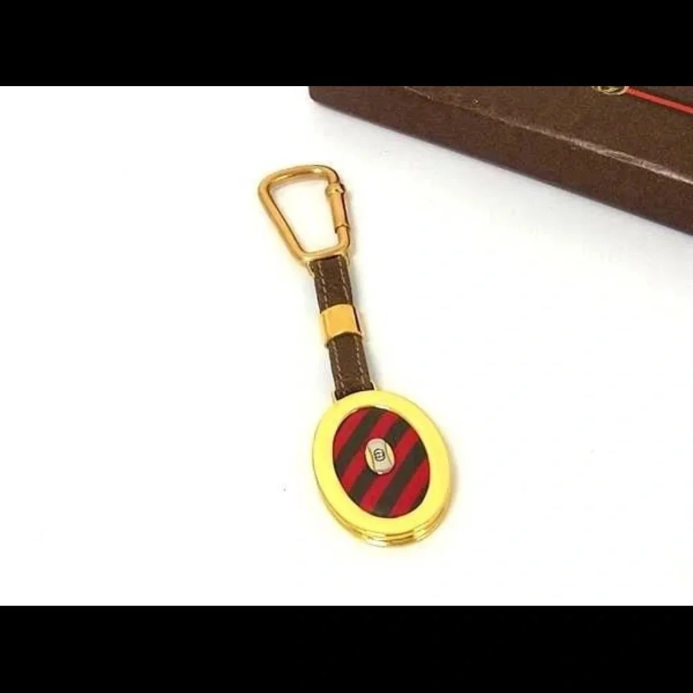 GUCCI Sherry Line Interlocking G Leather Key Ring Bag Charm Gold Brown